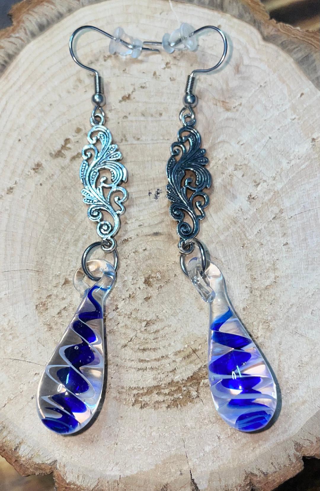 NEW Boho Art Glass Waterdrop / Teardrop Swirl Blue Drop Dangle Earrings