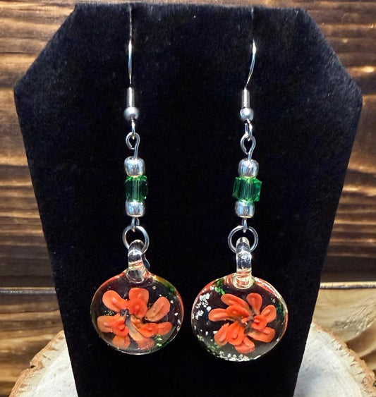 NEW Orange Flower Murano Inspired Glass Water Drop Earrings