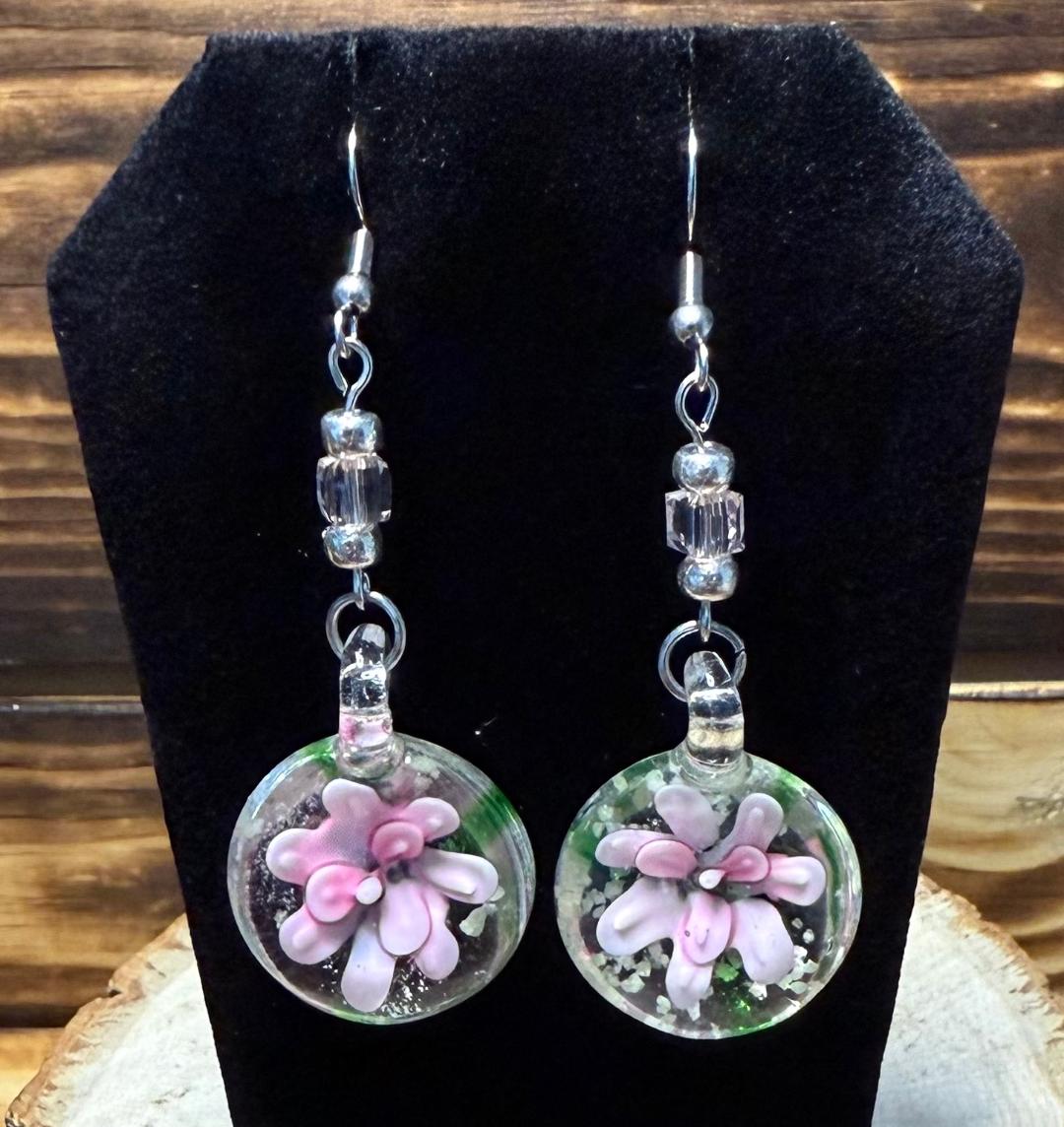 NEW Pink Flower Murano Inspired Glass Water Drop Earrings
