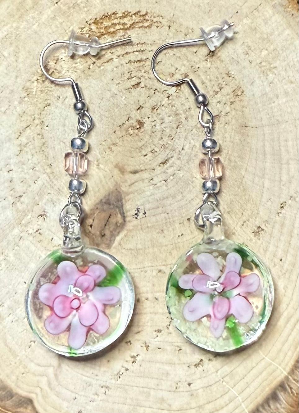 NEW Pink Flower Murano Inspired Glass Water Drop Earrings