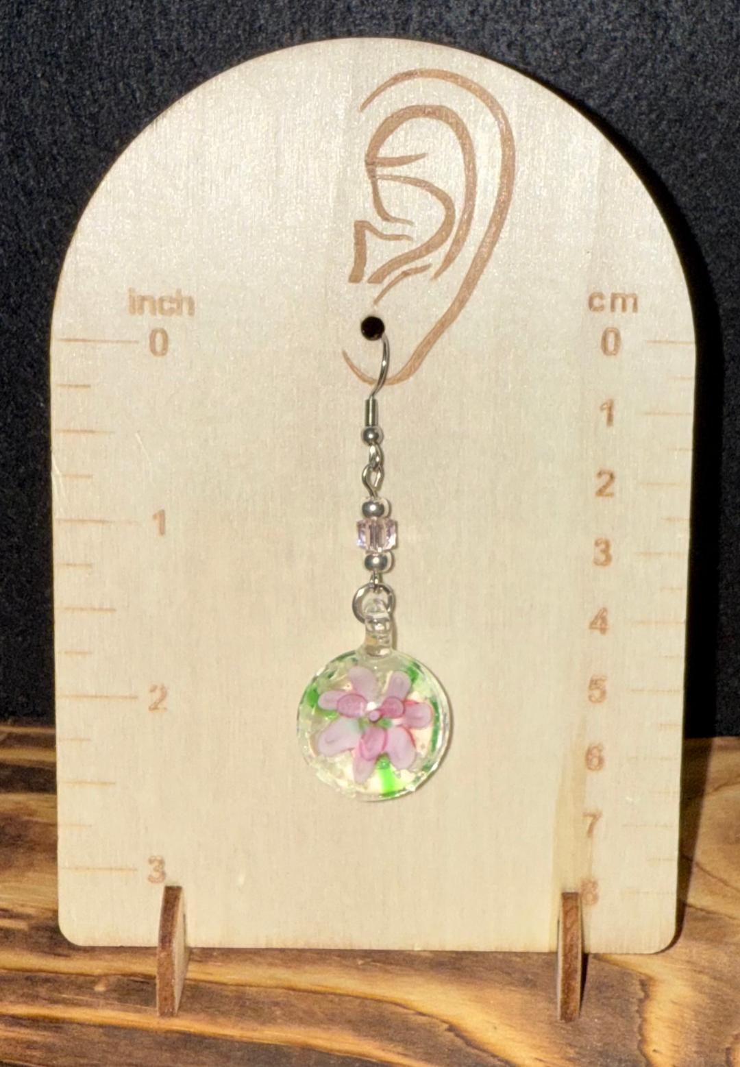 NEW Pink Flower Murano Inspired Glass Water Drop Earrings