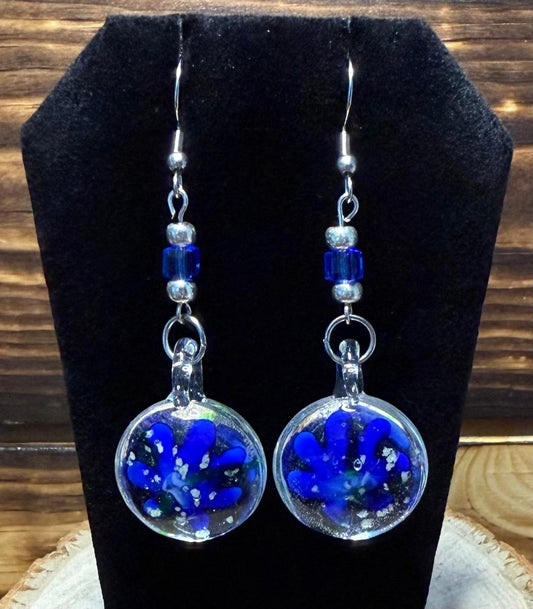 NEW Royal Blue Flower Murano Inspired Glass Water Drop Earrings