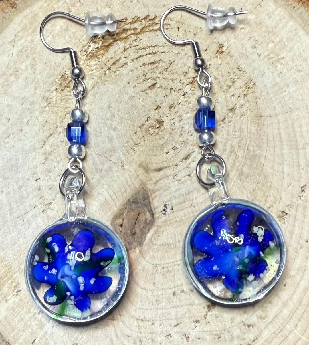 NEW Royal Blue Flower Murano Inspired Glass Water Drop Earrings