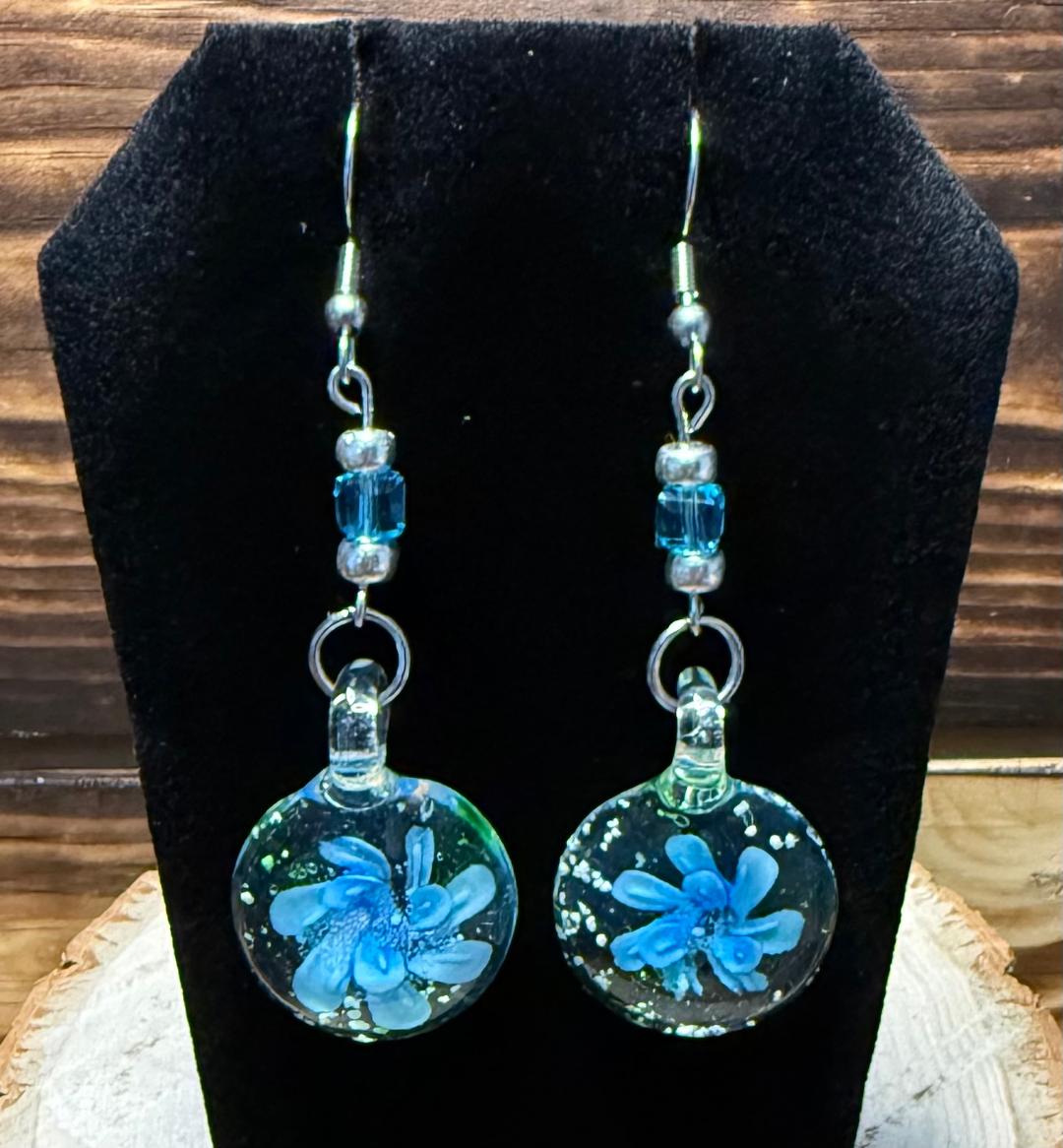 NEW Teal Flower Murano Inspired Glass Water Drop Earrings