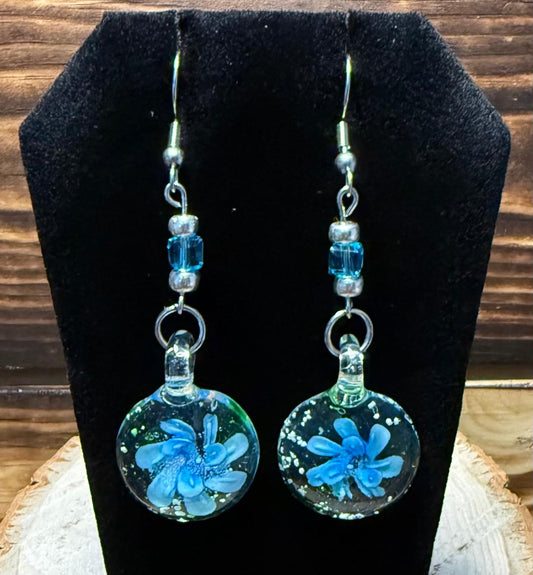 NEW Teal Flower Murano Inspired Glass Water Drop Earrings