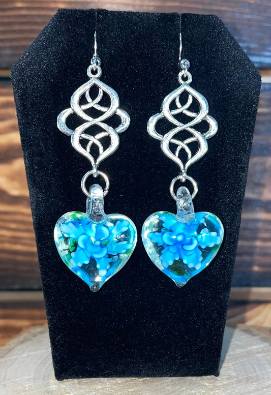 NEW Boho Art Glass Heart w/ Teal Flower Drop Dangle Earrings