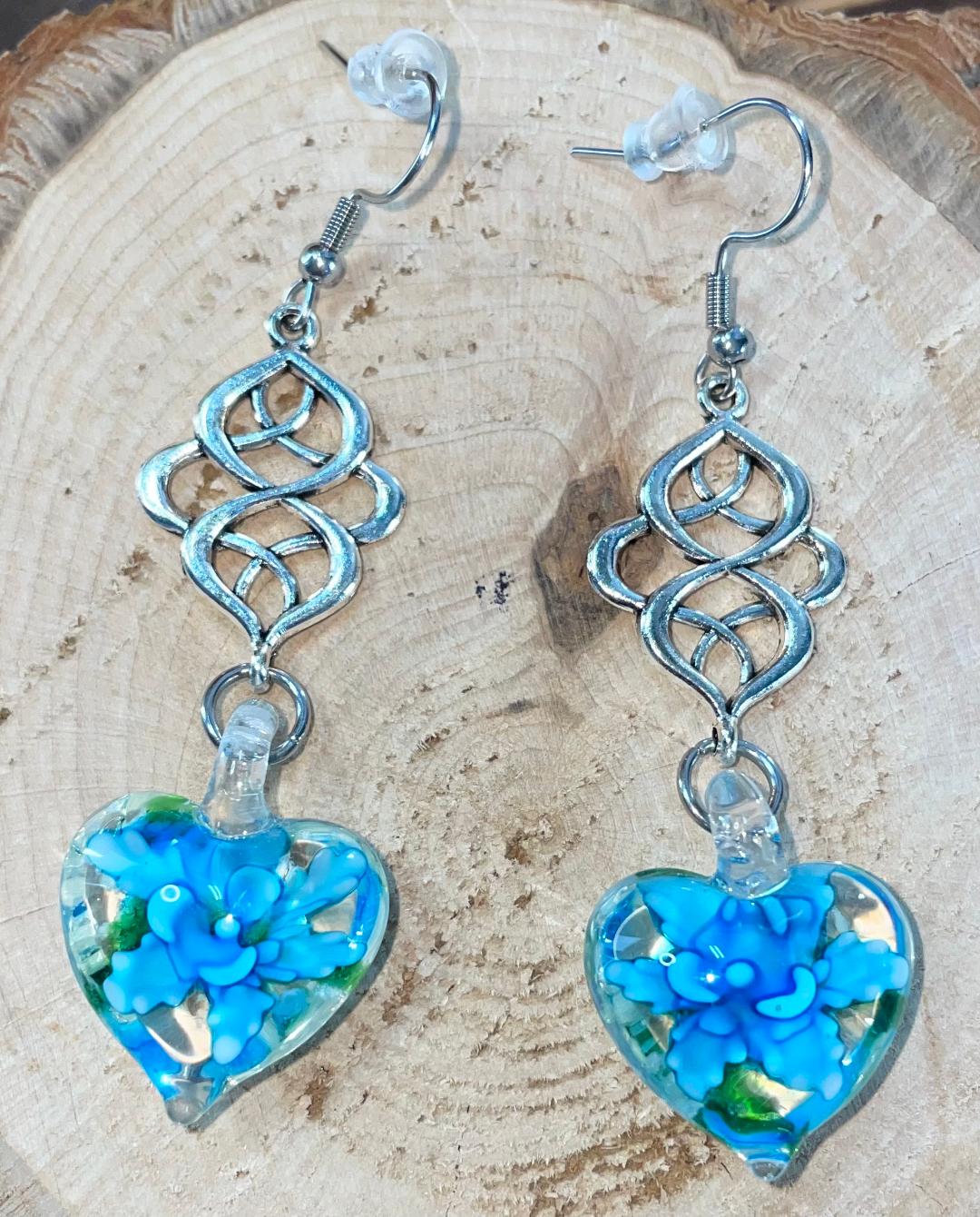 NEW Boho Art Glass Heart w/ Teal Flower Drop Dangle Earrings