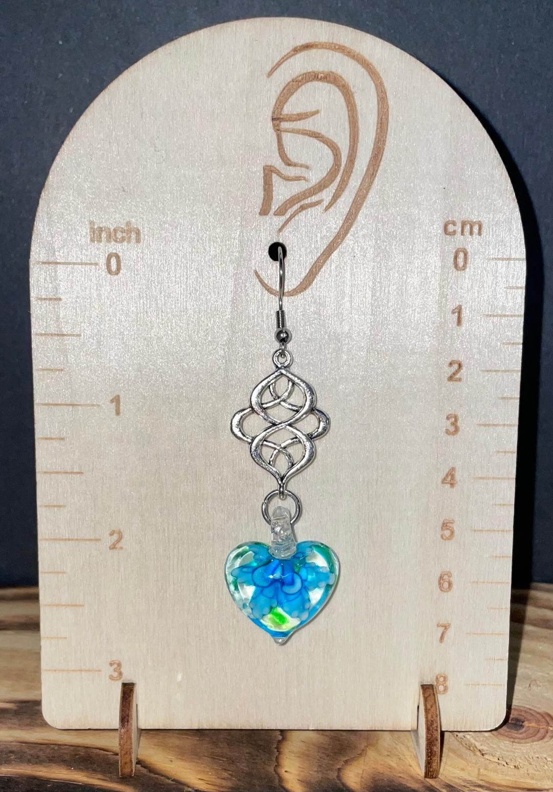 NEW Boho Art Glass Heart w/ Teal Flower Drop Dangle Earrings