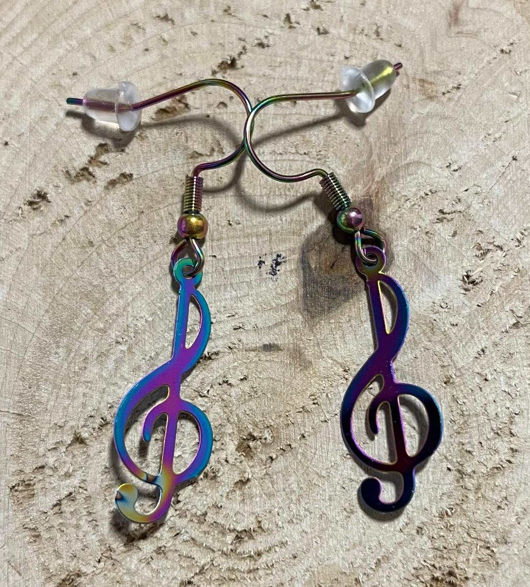 NEW Fun Musical Note Iridescent Stainless Steel Earrings