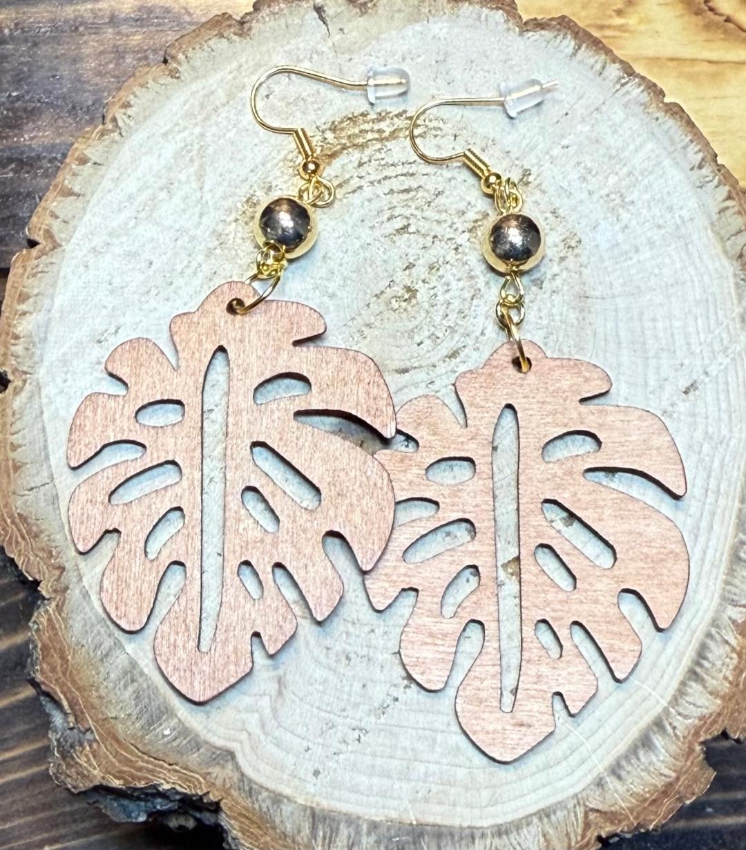 NEW Natural Wood Tone Monstera Leaf Earrings