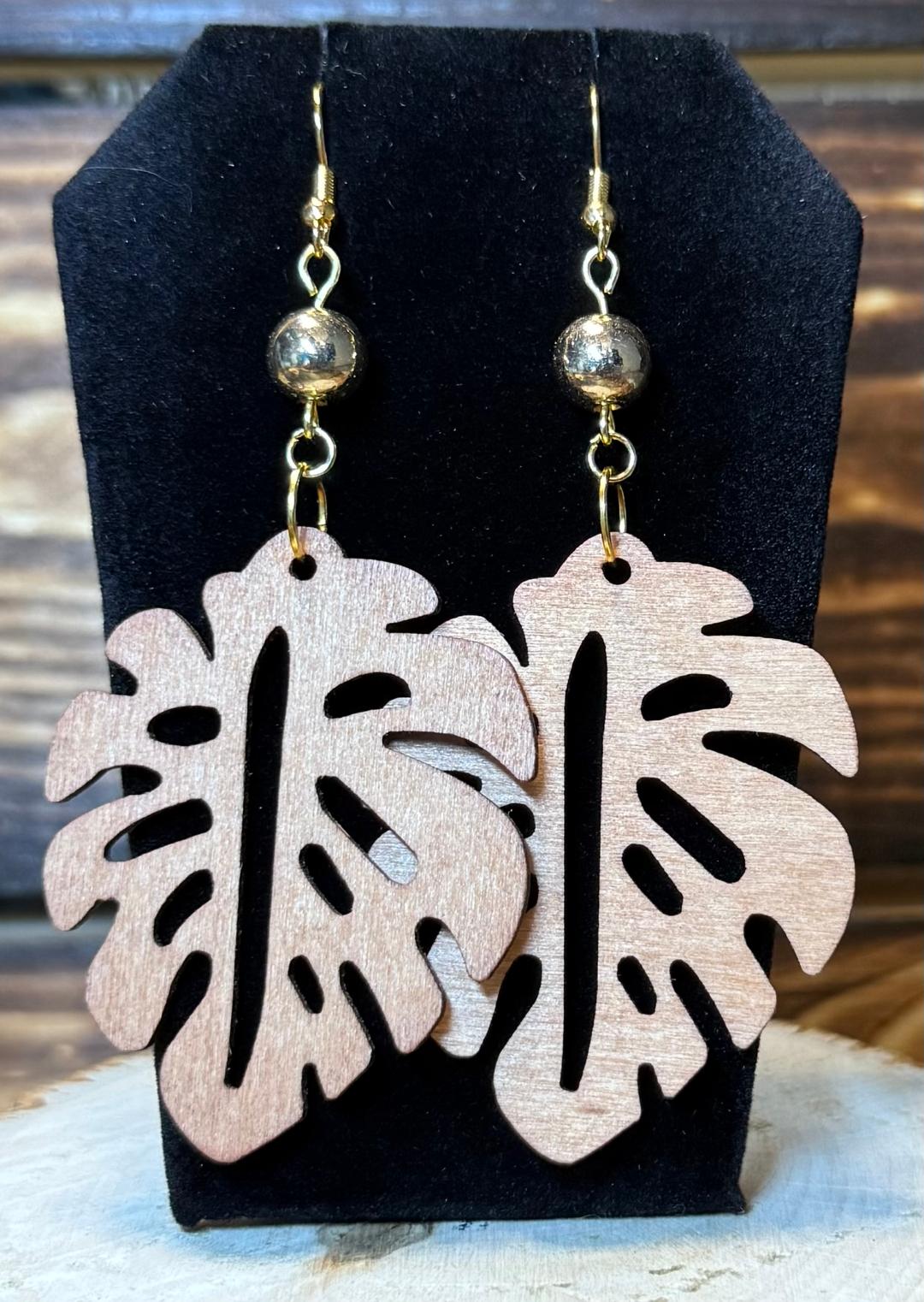 NEW Natural Wood Tone Monstera Leaf Earrings