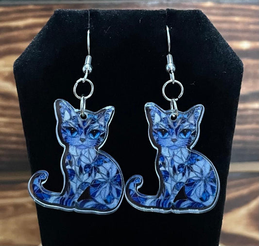 NEW Blue Stained Glass Style Acrylic Kitten Cat Earrings