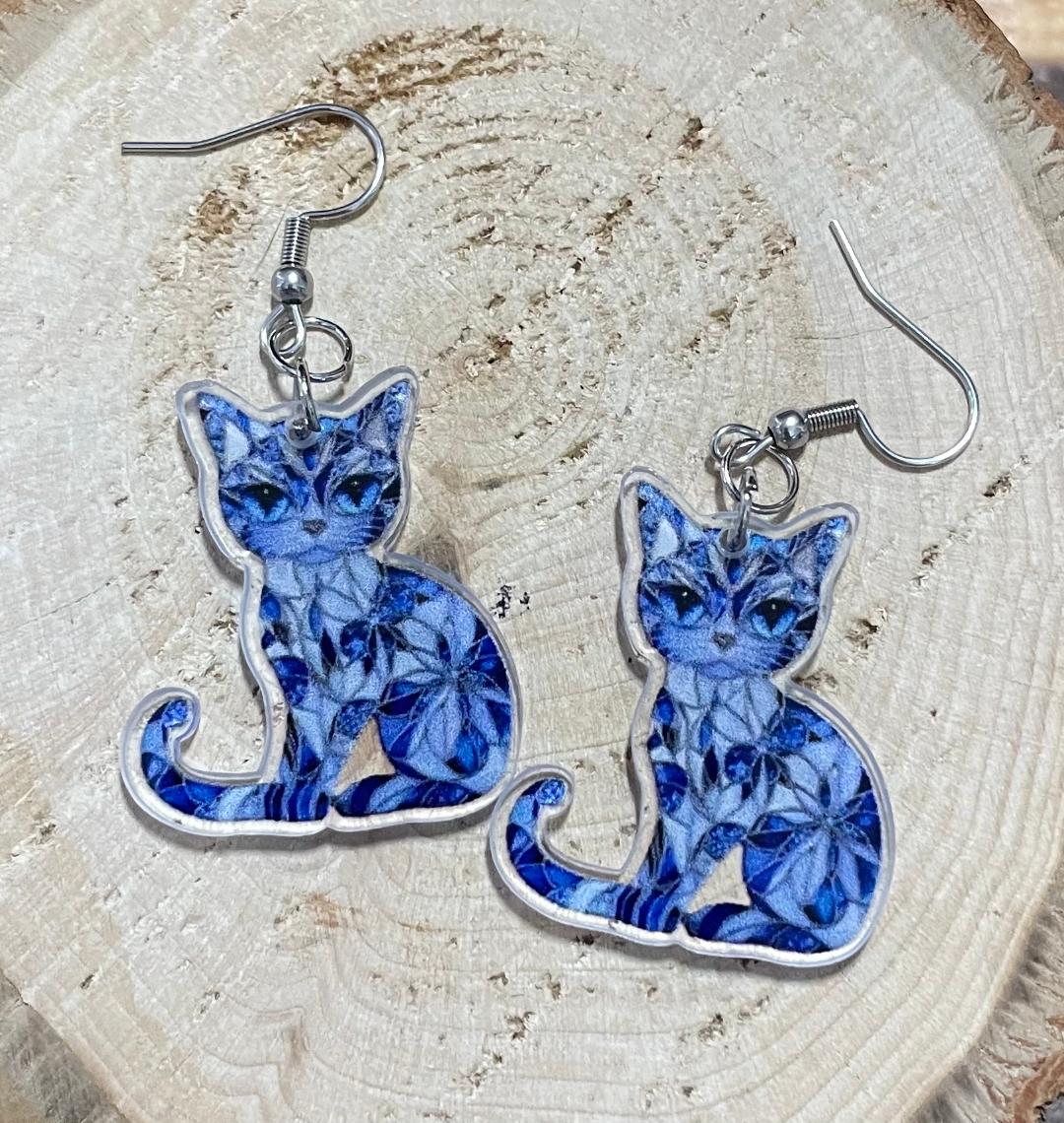 NEW Blue Stained Glass Style Acrylic Kitten Cat Earrings