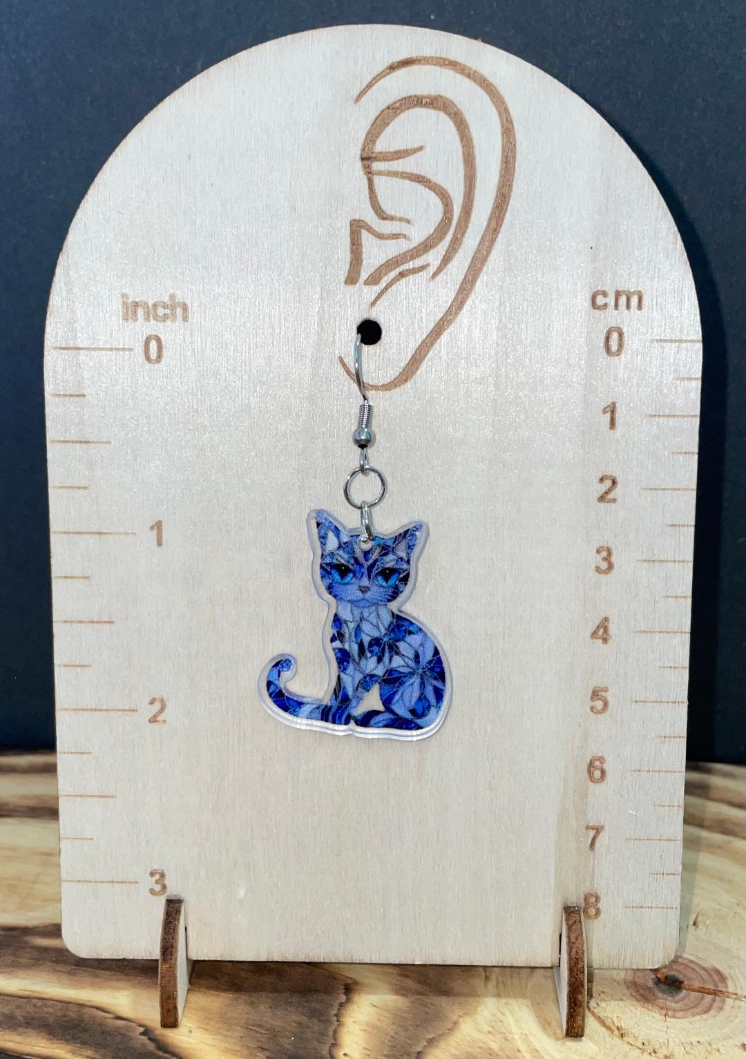 NEW Blue Stained Glass Style Acrylic Kitten Cat Earrings