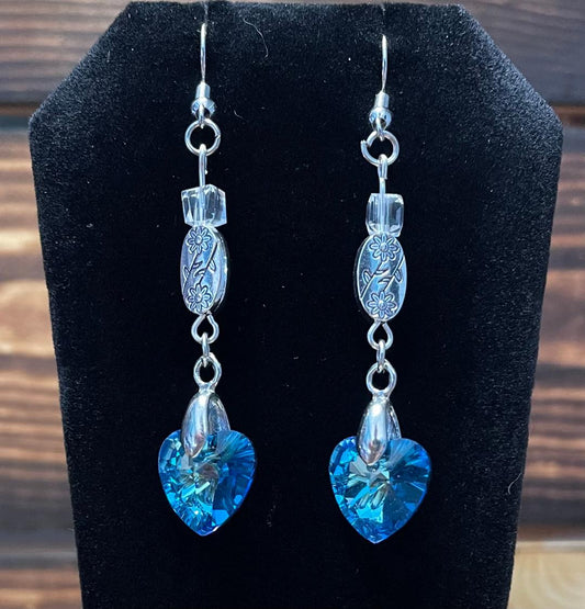 NEW Lustrous Ocean Blue Rhinestone Heart Dangle Earrings