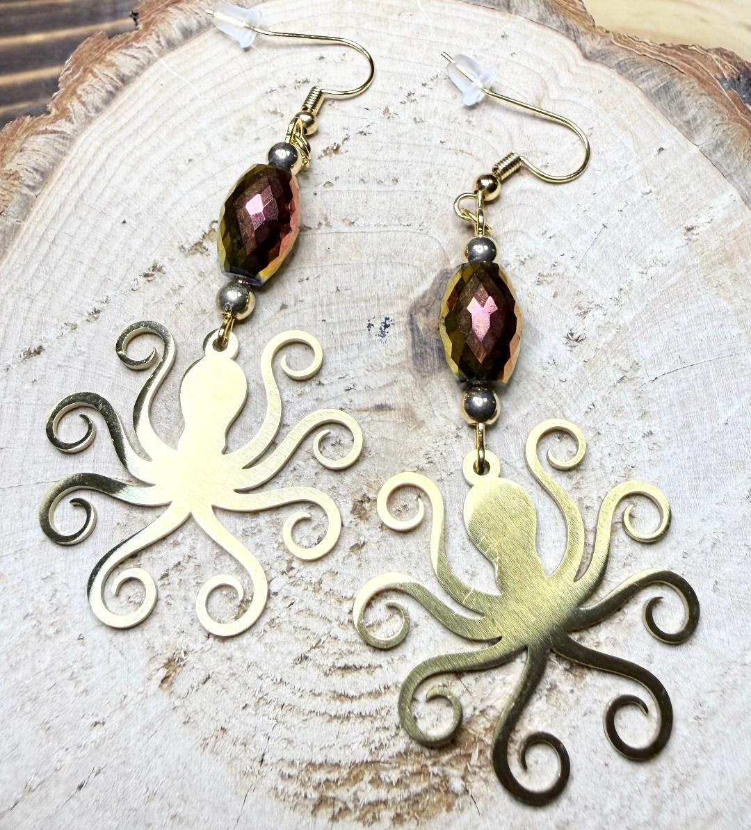 NEW Gold Octopus Stainless Steel Earrings w/ Oval Amber Glass Beads