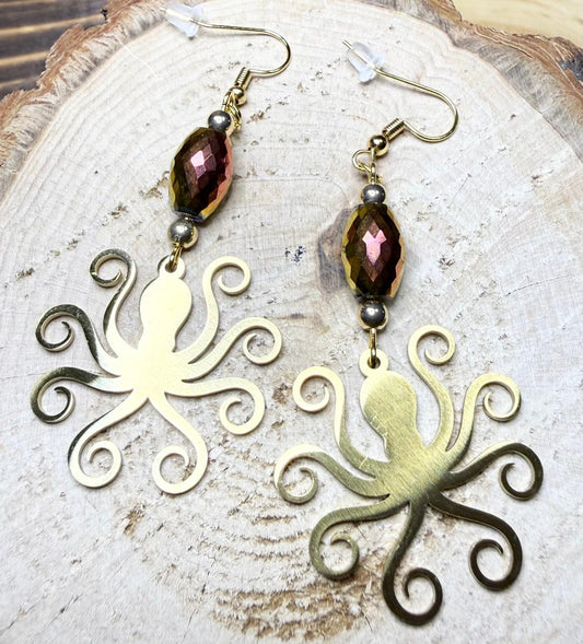 NEW Gold Octopus Stainless Steel Earrings w/ Oval Amber Glass Beads
