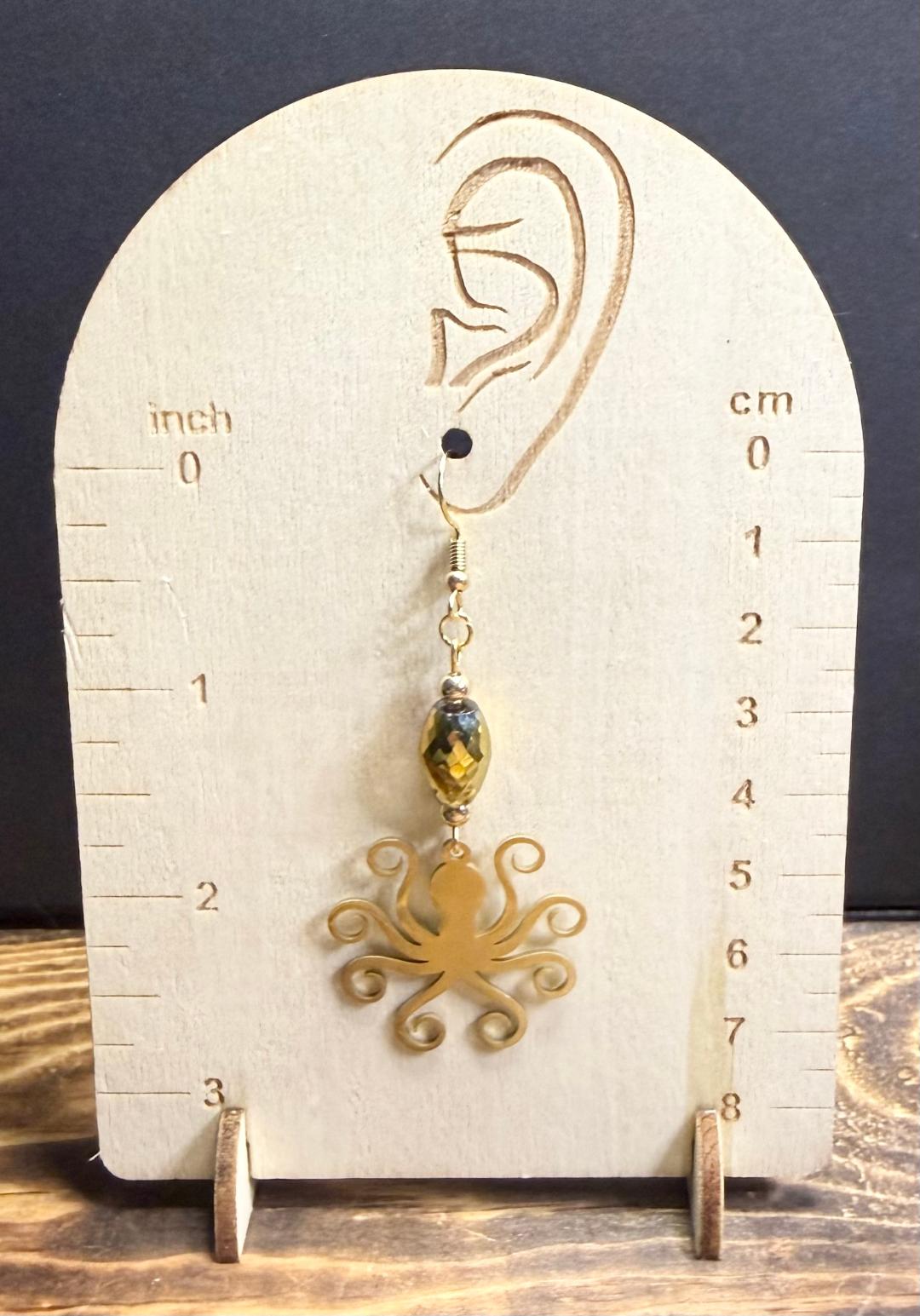 NEW Gold Octopus Stainless Steel Earrings w/ Oval Amber Glass Beads
