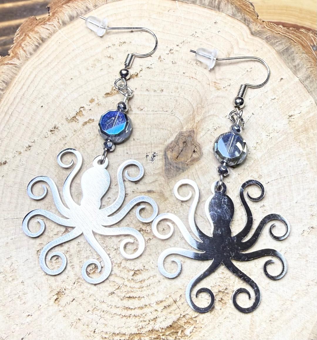 NEW Silver Octopus Stainless Steel Earrings w/ Blue Glass Beads