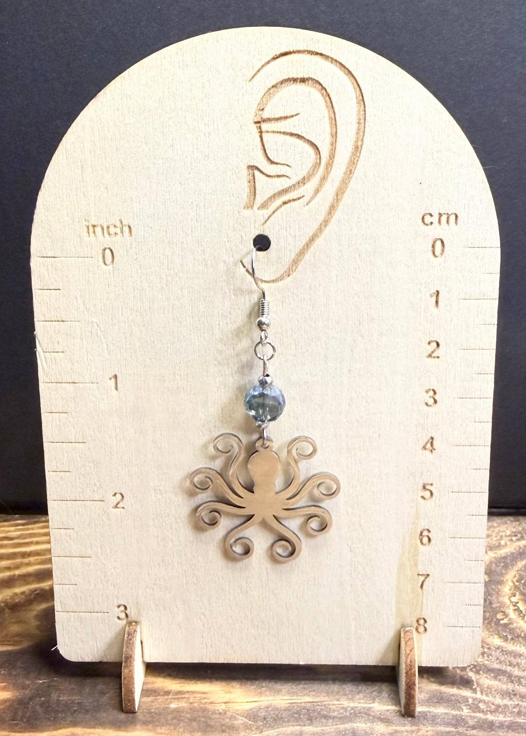 NEW Silver Octopus Stainless Steel Earrings w/ Blue Glass Beads