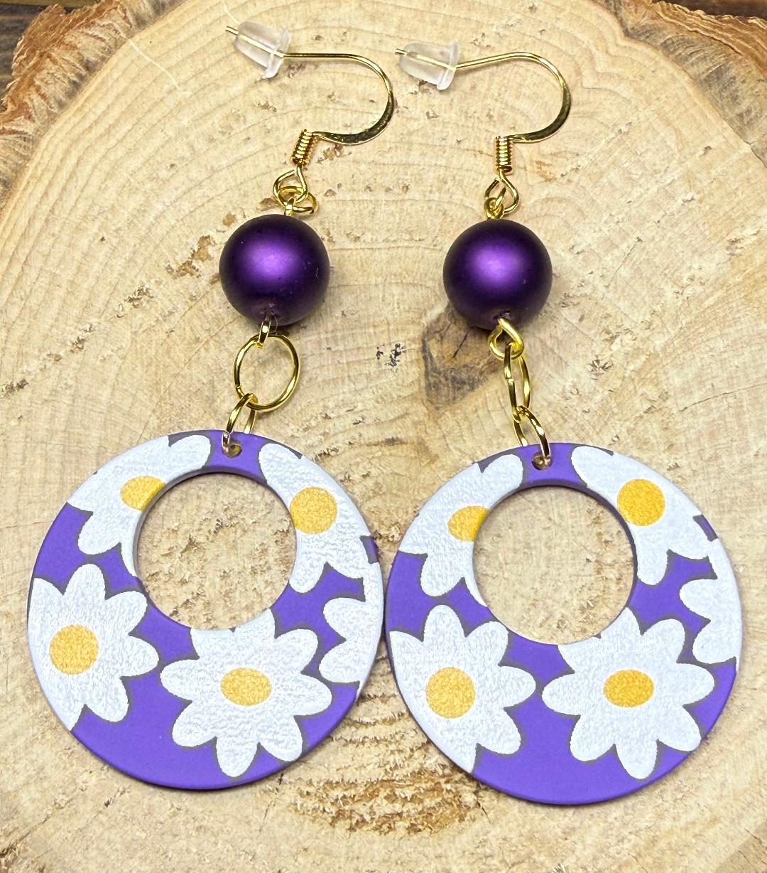NEW Purple Flower Hoop Hippie Earrings w/ Matte Finish Glass Bead