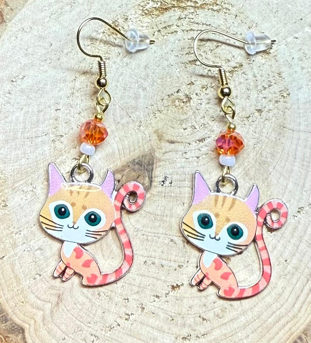 NEW Orange Cartoon Enamel Cat Kitten Earrings & Orange Glass Bead