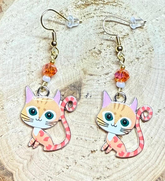 NEW Orange Cartoon Enamel Cat Kitten Earrings & Orange Glass Bead