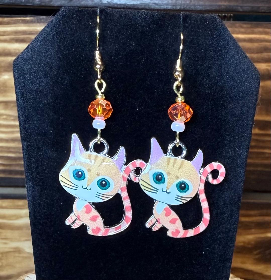 NEW Orange Cartoon Enamel Cat Kitten Earrings & Orange Glass Bead
