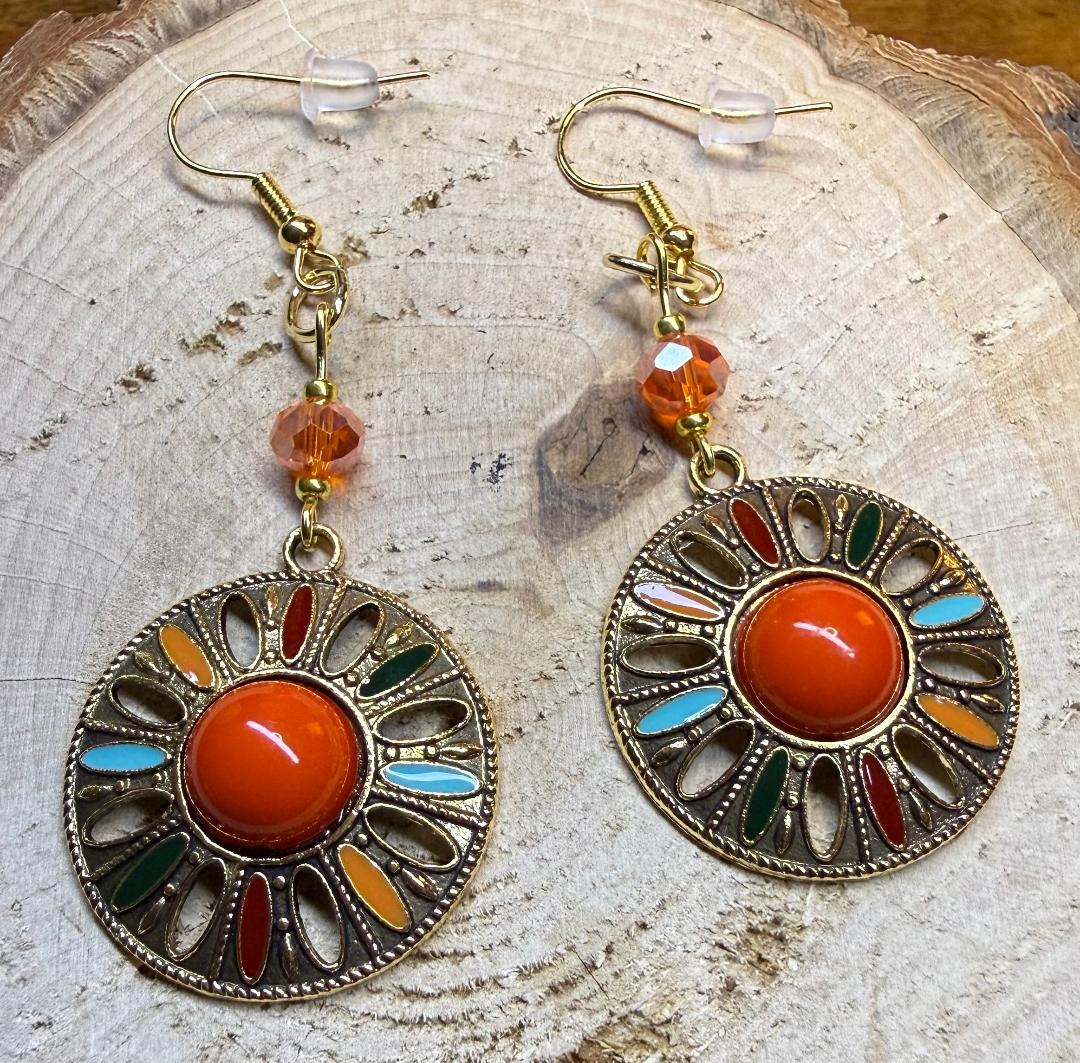 NEW Orange Center Medallion Earrings w/ Glass Faceted Bead