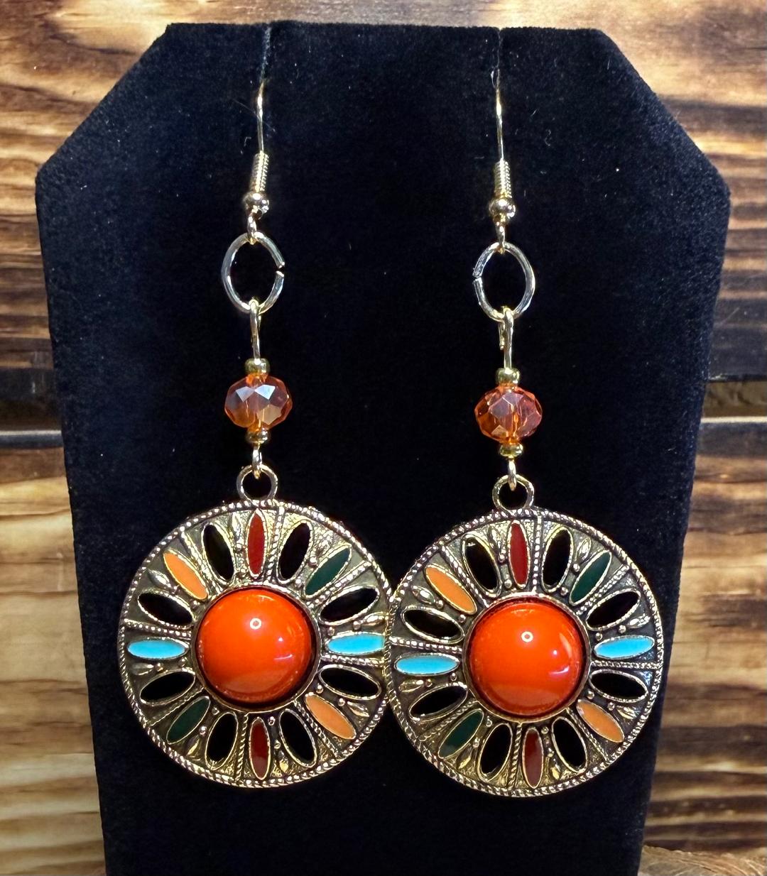NEW Orange Center Medallion Earrings w/ Glass Faceted Bead