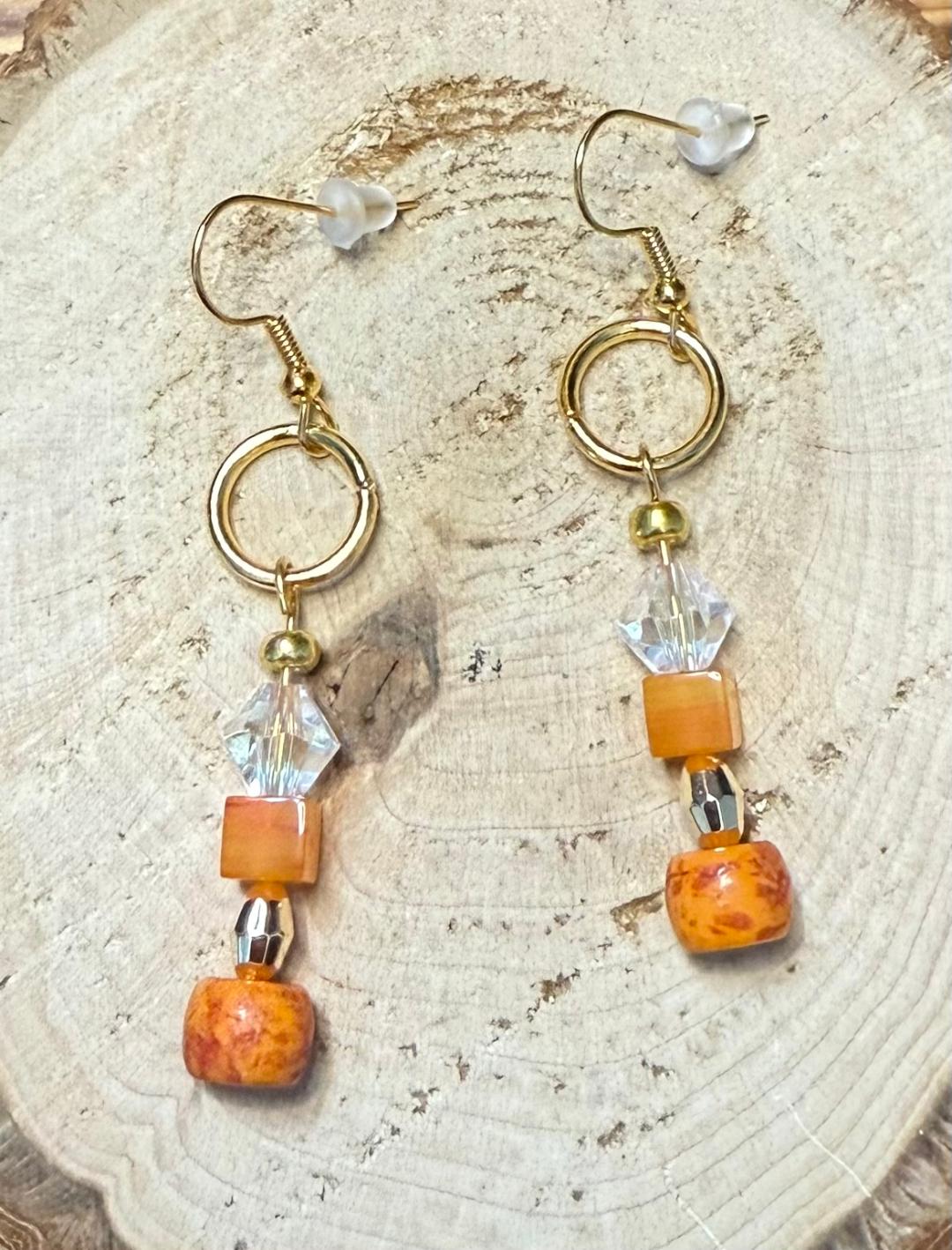 NEW Stylish Nouvelle Orange & Clear Glass Beaded Earrings