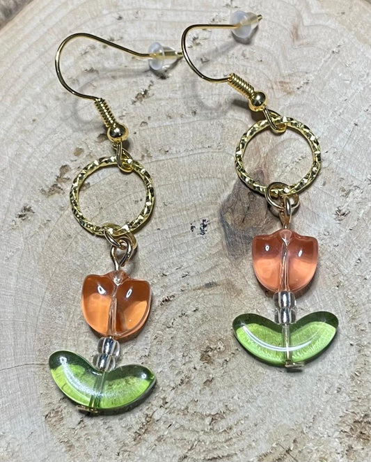 NEW Orange Glass Tulip Charm Earrings w/ Embossed Gold Jump Rings