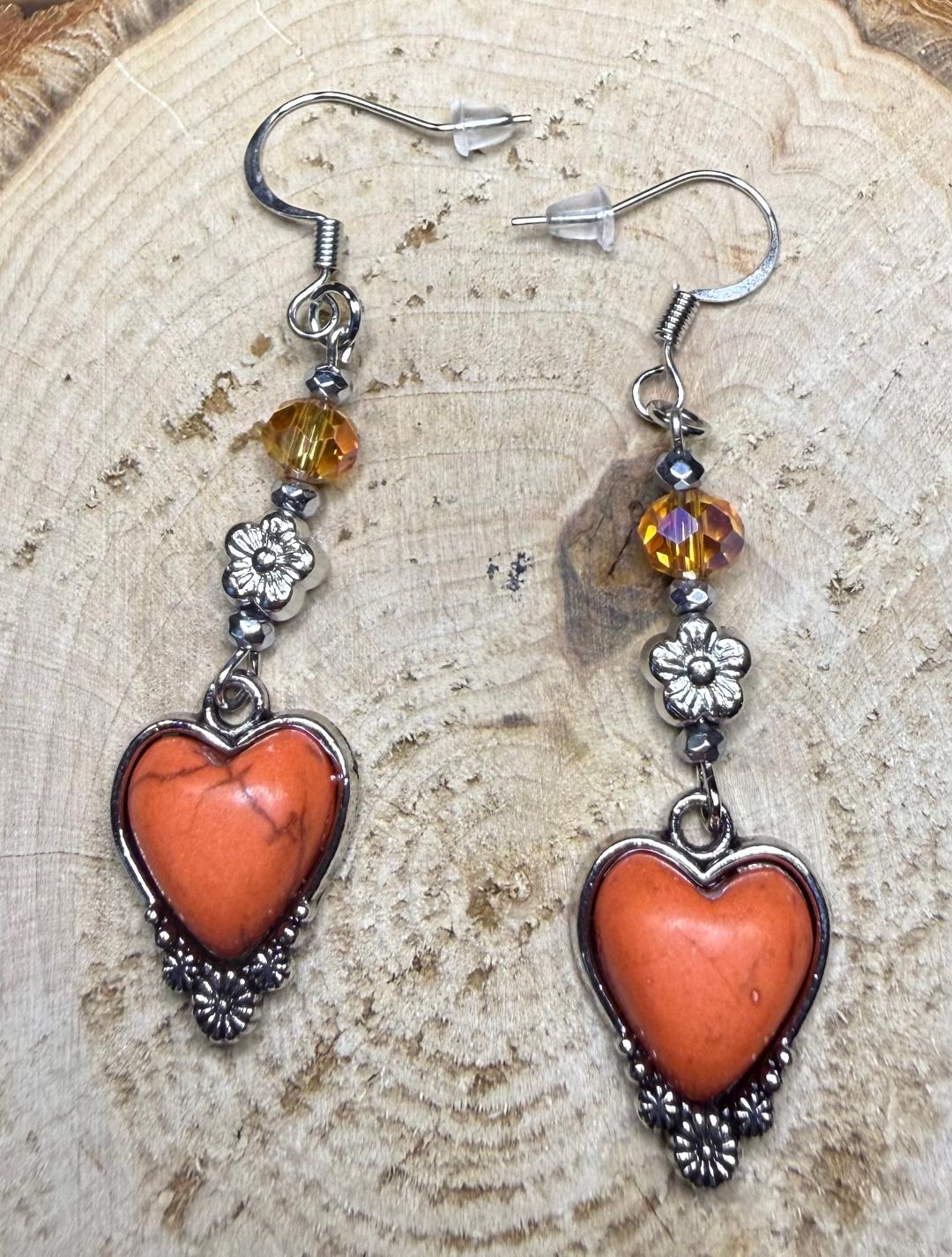 NEW Orange Heart Charm Earrings w/ Flower & Glass Beads