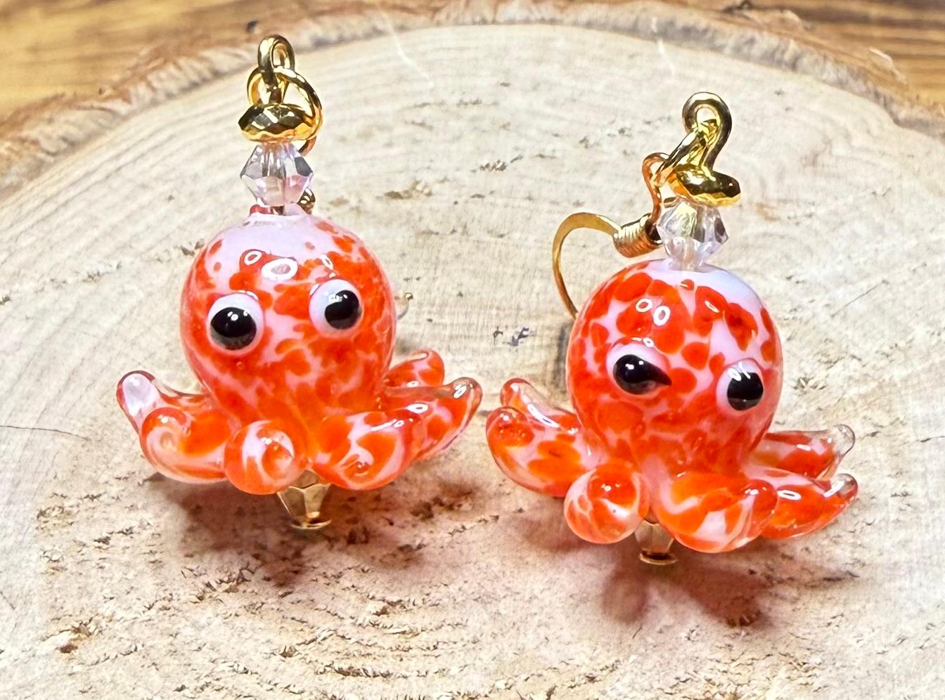 NEW Lampwork Marbled Glass Orange Octopus Earrings w/ Glass Beads