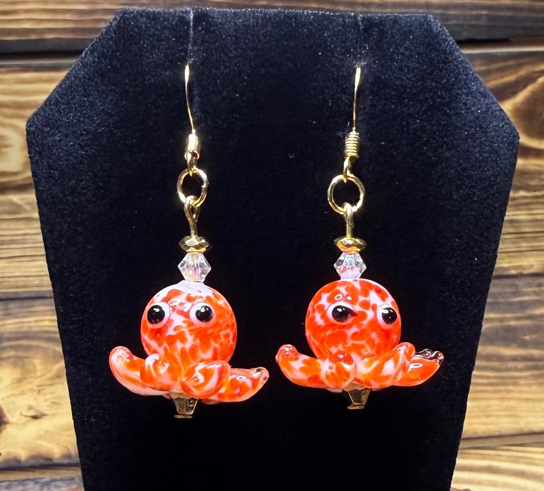 NEW Lampwork Marbled Glass Orange Octopus Earrings w/ Glass Beads
