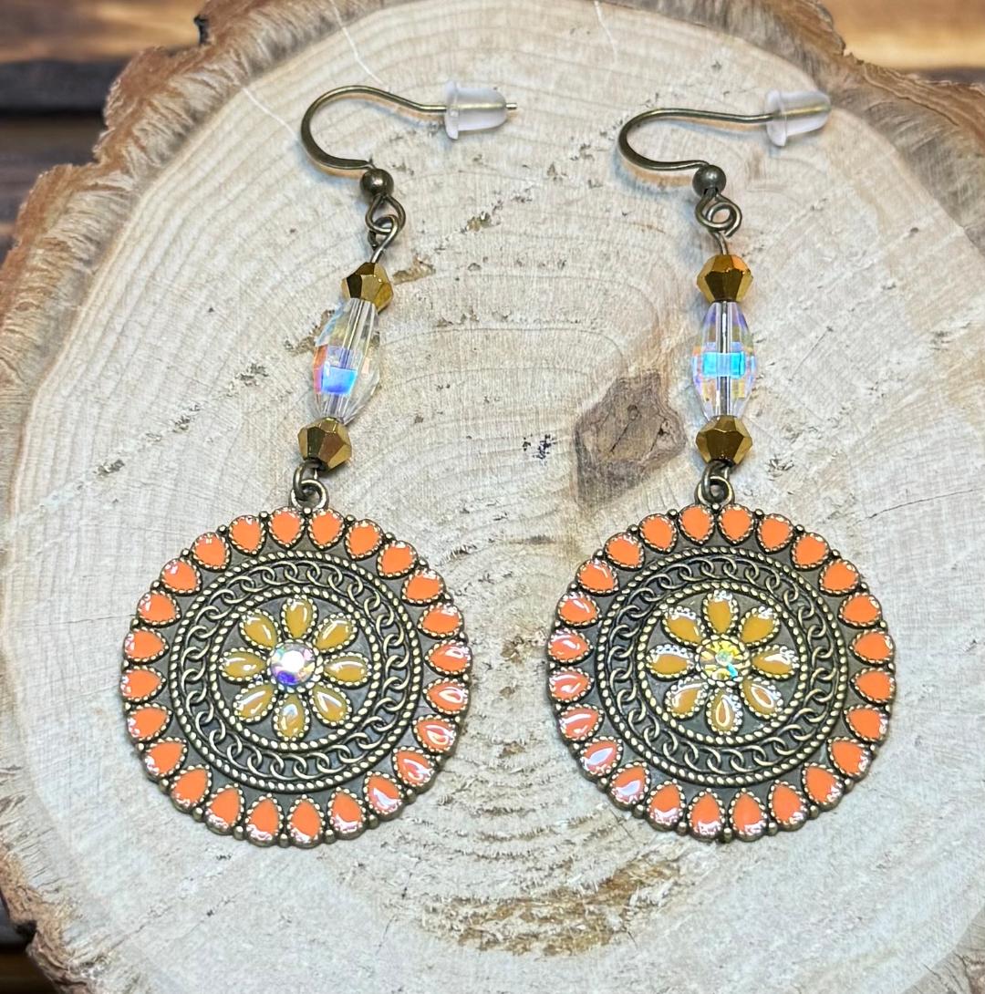 NEW Round Bronze Orange Enamel & Rhinestone Earrings
