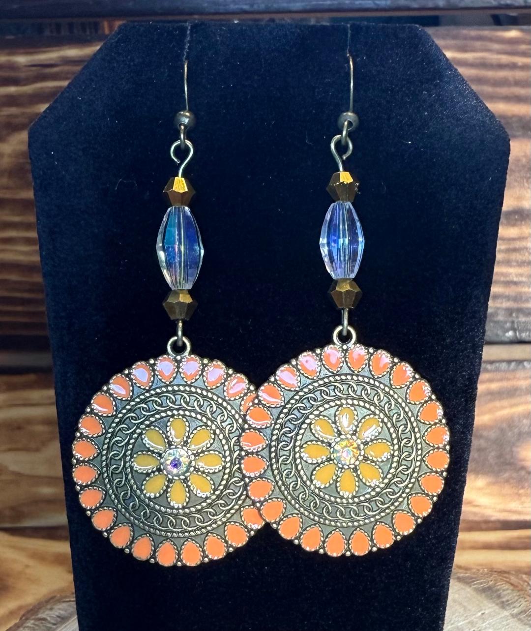 NEW Round Bronze Orange Enamel & Rhinestone Earrings