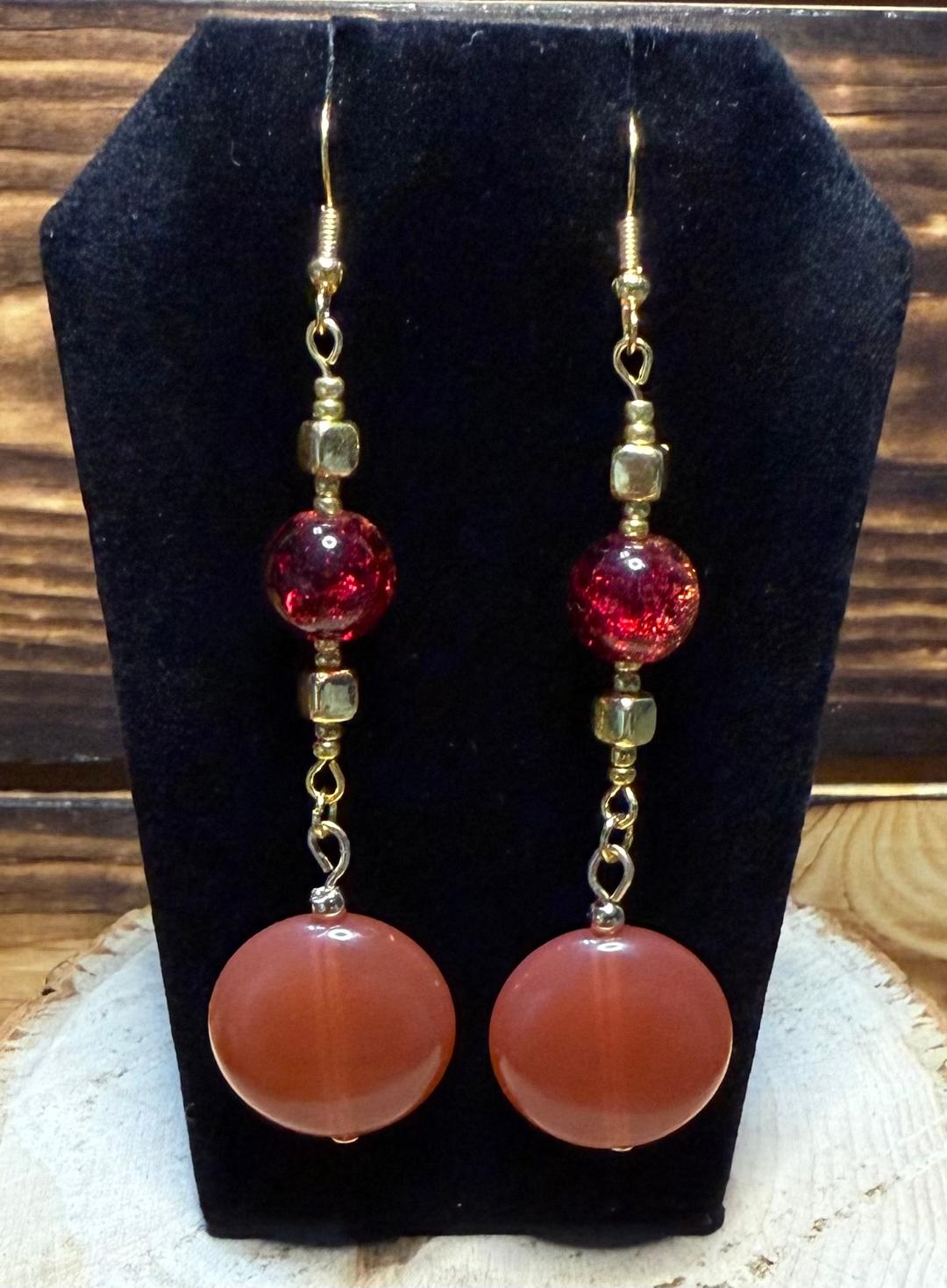 NEW Warm Orange Round Resin Charm & Glass Bead Earrings