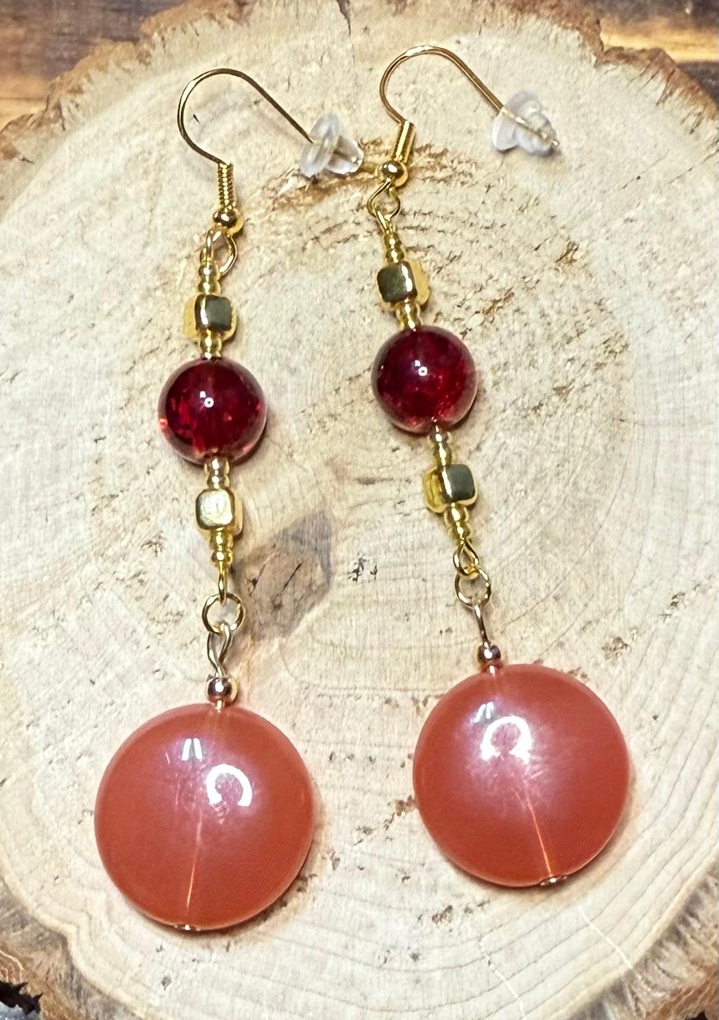 NEW Warm Orange Round Resin Charm & Glass Bead Earrings