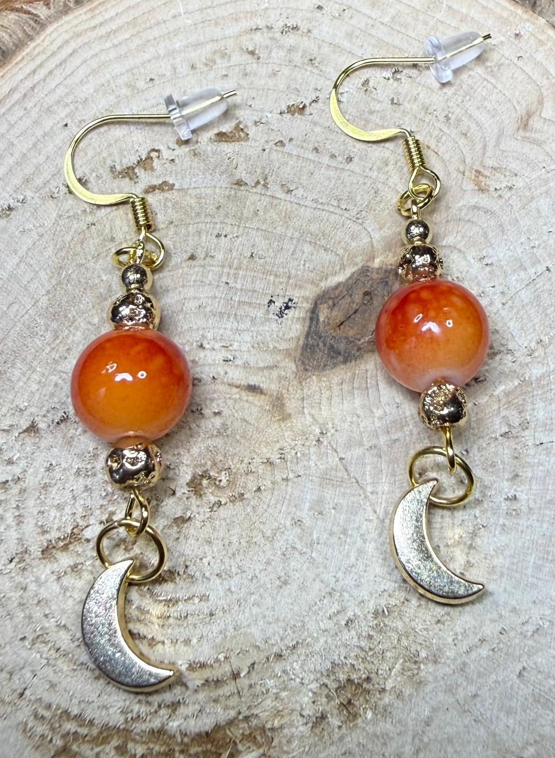 NEW Orange Sun Glass Bead Earrings w/ Gold Crescent Moon & Lava Beads