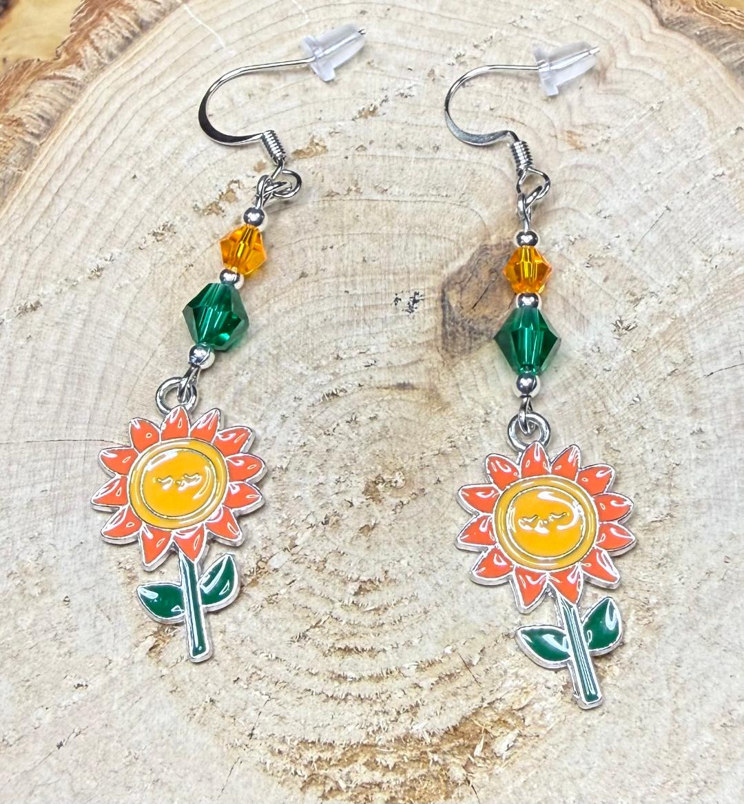 NEW Orange Enamel Face Sunflower Earrings w/ Glass Faceted Beads