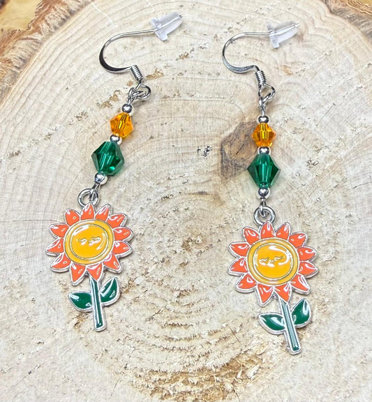 NEW Orange Enamel Face Sunflower Earrings w/ Glass Faceted Beads