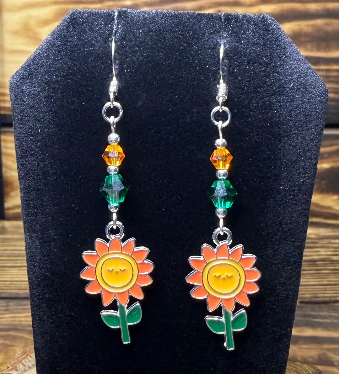NEW Orange Enamel Face Sunflower Earrings w/ Glass Faceted Beads