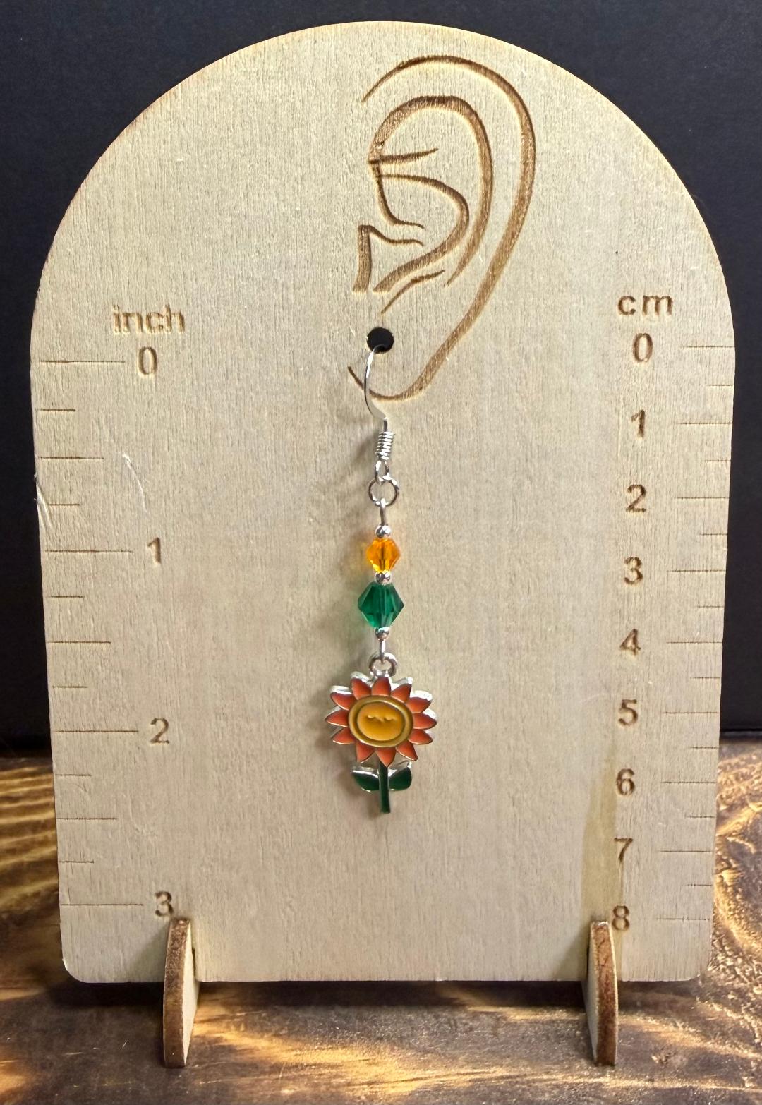 NEW Orange Enamel Face Sunflower Earrings w/ Glass Faceted Beads