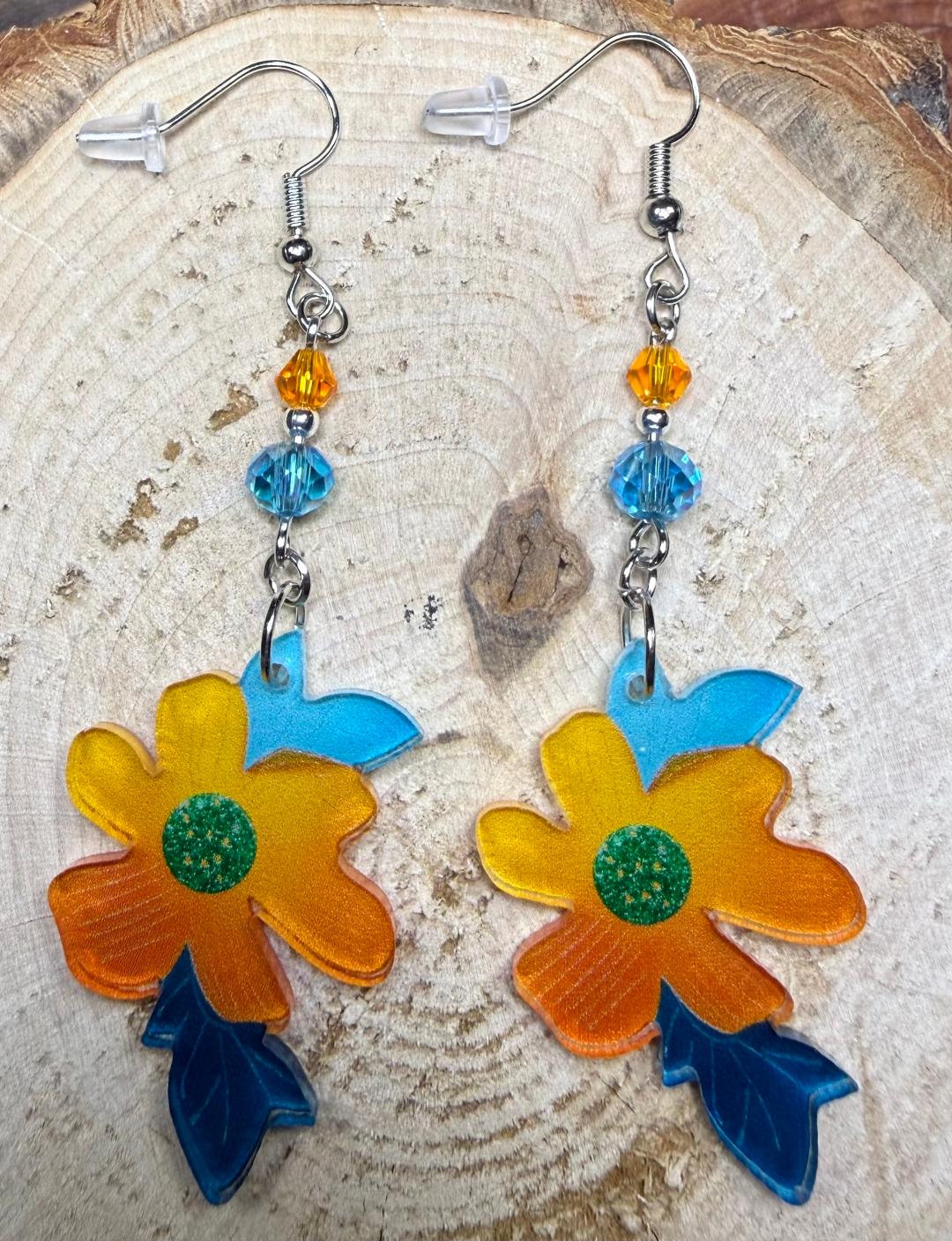 NEW Orange & Teal Double Sided Acrylic Flower Earrings w/ Glass Beads