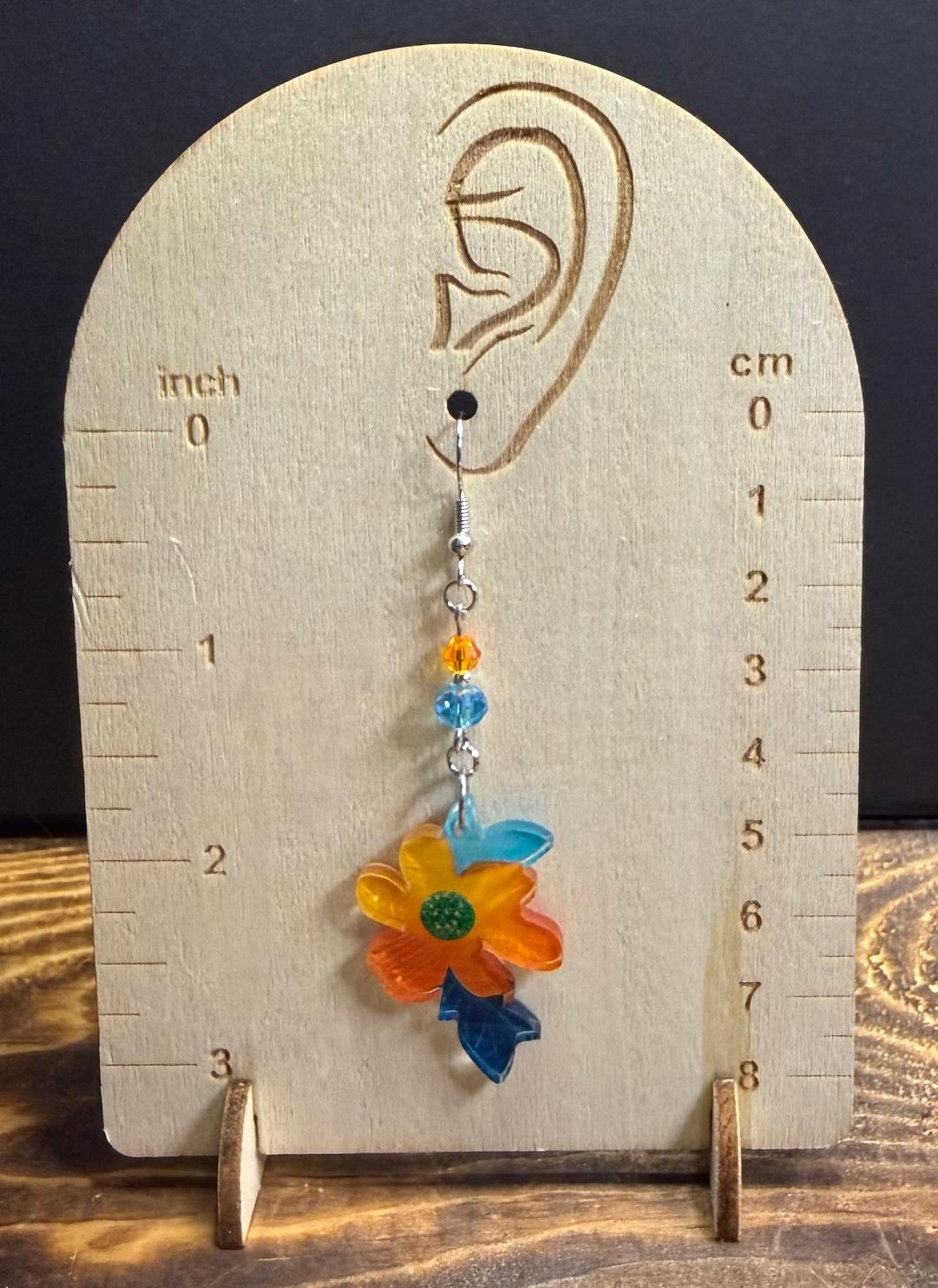 NEW Orange & Teal Double Sided Acrylic Flower Earrings w/ Glass Beads