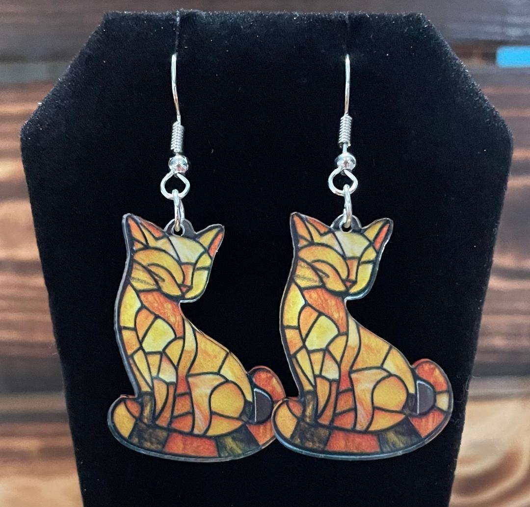 NEW Vibrant Gold Orange Yellow Stained Glass Style Boho Acrylic Cat Kitten Earrings