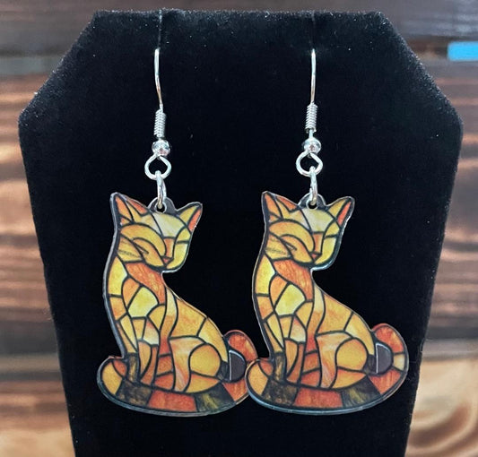 NEW Vibrant Gold Orange Yellow Stained Glass Style Boho Acrylic Cat Kitten Earrings