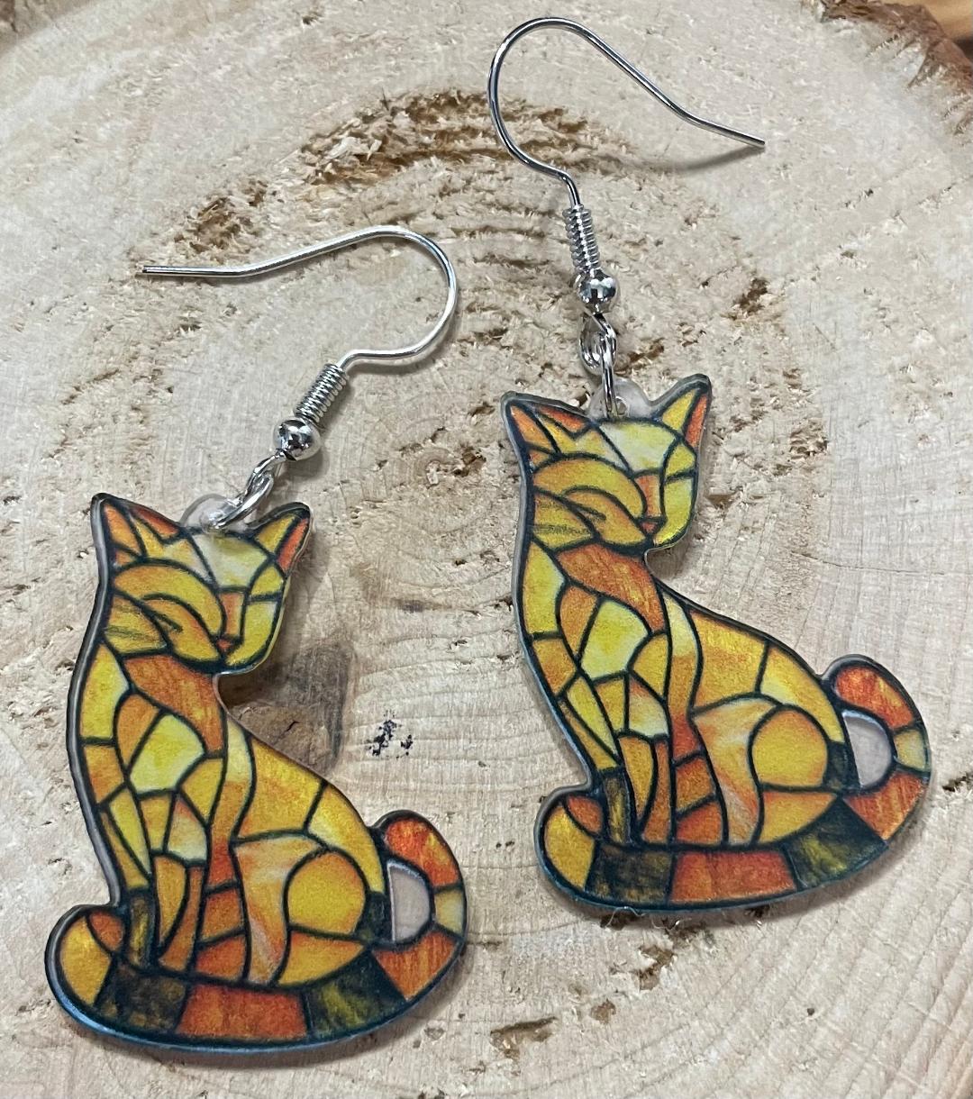 NEW Vibrant Gold Orange Yellow Stained Glass Style Boho Acrylic Cat Kitten Earrings