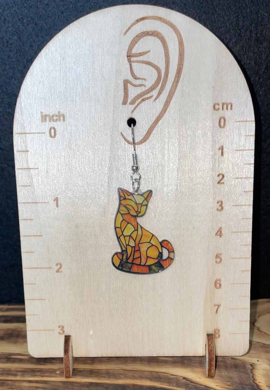 NEW Vibrant Gold Orange Yellow Stained Glass Style Boho Acrylic Cat Kitten Earrings
